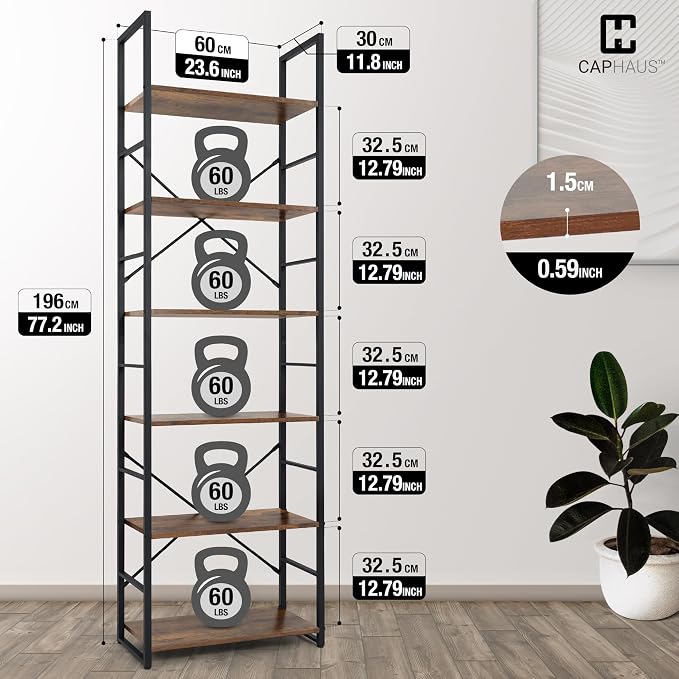 CAPHAUS 6 Tier Bookshelf, 24 Inch Width Free Standing Shelf, Bookcase Shelf Storage Organizer, Industrial Book Shelves for Home Office, Living Room, Kitchen, Rustic Oak Vintage Shelves & Metal Frame