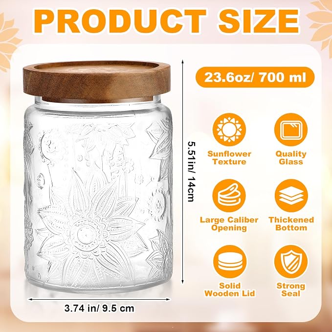LemonRoad 4 Pcs Vintage Clear Glass Storage Jars 23.7 oz Mason Jar Canister with Wood Lids Food Storage Container for Cookie, Pantry, Candy Kitchen, Coffee, Tea, Flour, Sugar, Decorative Home Decor