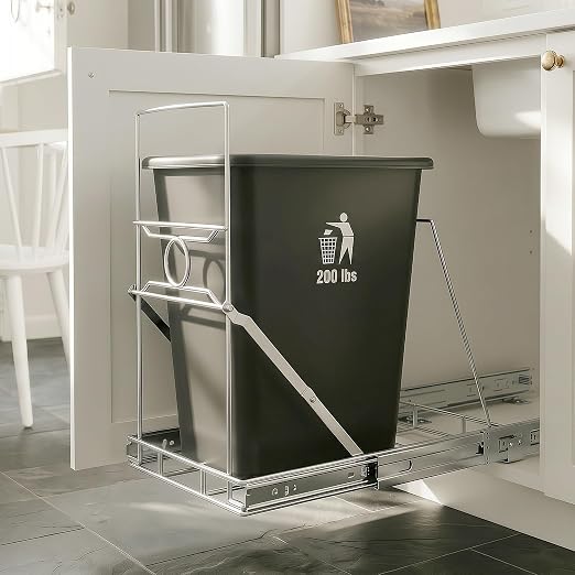 Pull Out Trash Can Cabinet Organizer, Stainless Steel Trash Can Slider for Kitchen Cabinet, Under Sink Slide Out Trash Can Rack for 7-11 Gallon Bins, Silver, Bin Not Included