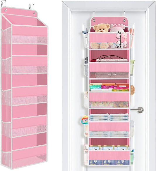 SpaceWhisper Over the Door Organizer, 5 Large Pocket Hanging Storage Organizer with 40lb Capacity, Space Saving for Nursery, Bathroom, Bedroom, Closet - Baby Essentials & Toiletry Organizer (Pink)