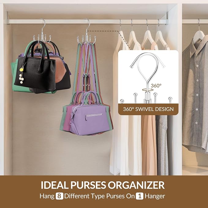 ZEDODIER 2 Pack Purse Hanger Organizer for Closet, Rotatable Sturdy Purses Holder Holds 16 Bags, Metal Space Saving Closet Organizers and Storage, Silver