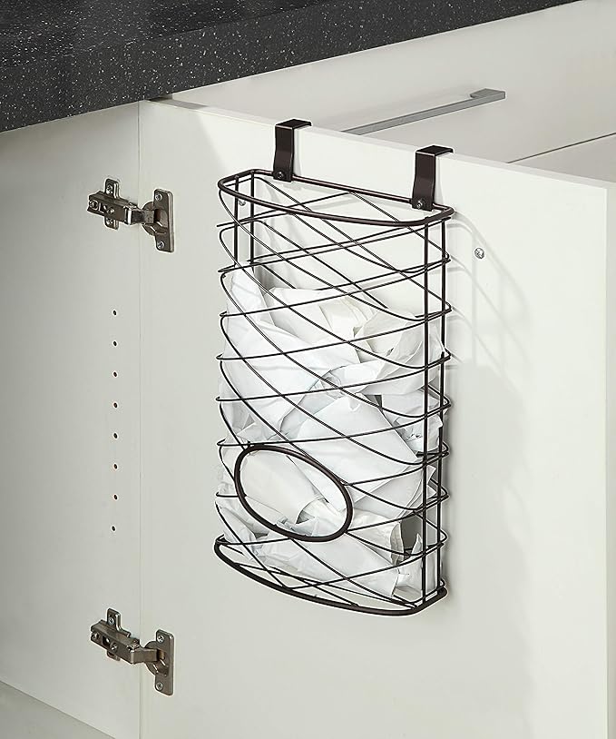 SunnyPoint Over Cabinet Kitchen Storage Organizer Holder or Basket - Hang Over Cabinet Doors in Kitchen/Pantry - Holds up to 50 Plastic Shopping Bags (BROWN)