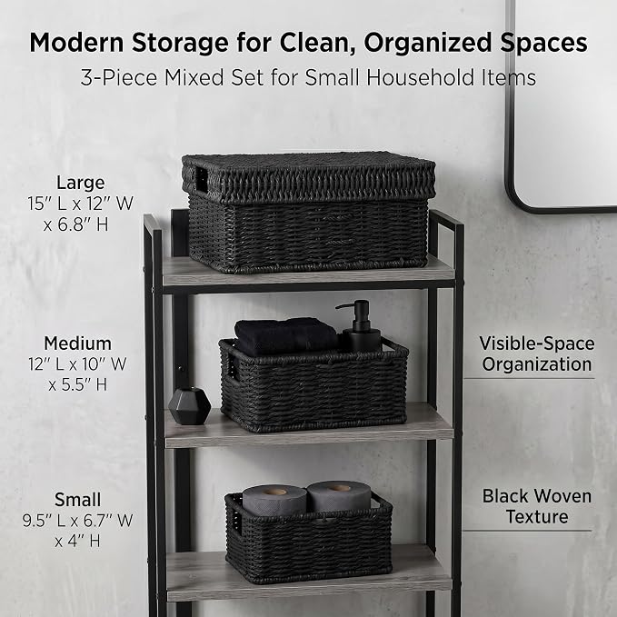 Wicker Storage Basket with Lid - Woven Basket for Storage,Rectangular Decorative Boxes Bins with Lids for Shelves,living room, Nursery, 3 baskets+1 lids(Black)