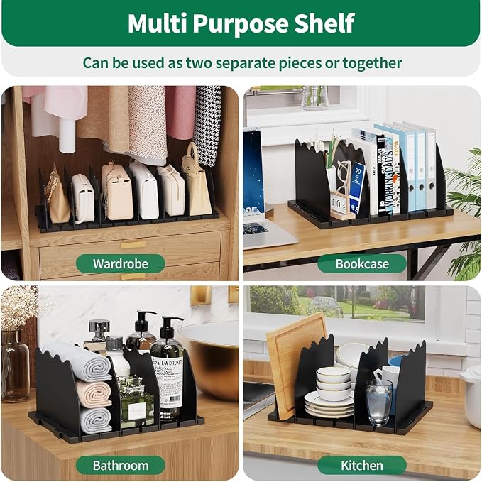 SPACEKEEPER Shelf Divider for Closet, 2 Pack Adjustable Purse Organizers Handbag Separators Storage Organizer Bookshelf Separator Dividers in Bedroom Office Kitchen Bathroom, Black