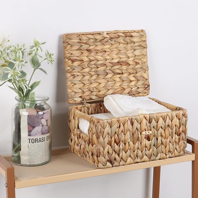 Moosky Wicker Shelf Baskets with Lid, Rectangular Storage Basket Bins with Handles Handwoven Home Desk Organizer Decor Boxes (Natural, 11.2" x 8.2" x 5.7"+12.99" x 10" x 7.08")
