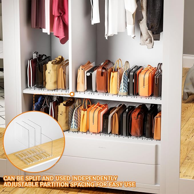 Yieach Clear Acrylic Shelf Dividers for Closet Organization,8 Pack Adjustable Bags,Clutch,Purse Organizer and Storage,Handbag Organizer for Closets,Purse Divider,8.8″ Tall Sweater,Tshirt,Towel Divider