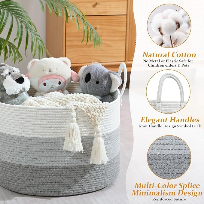 67L Large Woven Blanket Basket, Cotton Rope Baby Laundry Hamper with Handles, Kids Toy Basket for Classroom & Nursery, Soft Round Stuffed Animal Storage, Dog Toy Bin - 20"x13", Gray