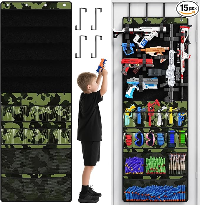 Over the Door Organizer for Toy Guns, Toy Gun Storage Organizer with Pockets and Slots for Kids Foam Blasters, Darts, Goggles, Over Door Toy Storage Hanger for Kids Rooms, Game Rooms, Green