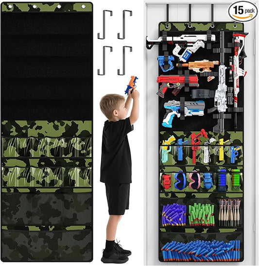 Over the Door Organizer for Toy Guns, Toy Gun Storage Organizer with Pockets and Slots for Kids Foam Blasters, Darts, Goggles, Over Door Toy Storage Hanger for Kids Rooms, Game Rooms, Green