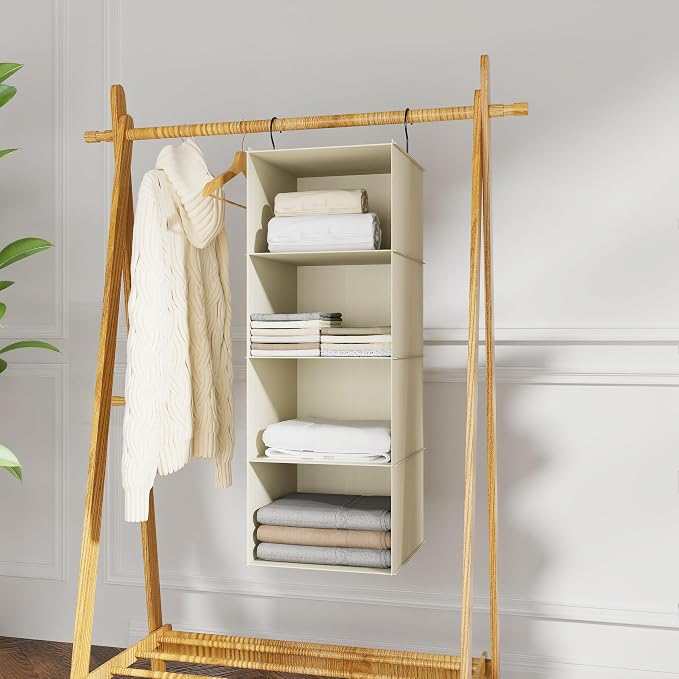 Hanging Closet Organizer 4-Shelf, Oxford Fabric Wardrobe Storage, Beige | Easy-mount foldable design holds clothes, handbags, shoes & accessories; washable Oxford fabric, sturdy and space-saving.