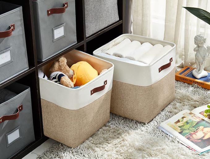 DECOMOMO Cube Storage Bin 12x12, Fabric Storage Bins, Kallax Storage Cubes (Beige & White, 4 Pack)