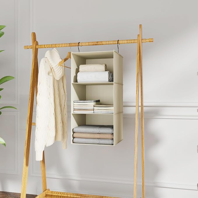 Hanging Closet Organizer 3-Shelf, Oxford Fabric Wardrobe Storage, Beige | Easy-mount foldable design holds clothes, handbags, shoes & accessories; washable Oxford fabric, sturdy and space-saving.
