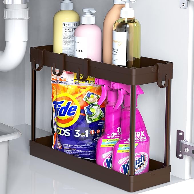 Simple Houseware 2-Tier Under Sink Organizer Storage Tray with Hooks, Brown