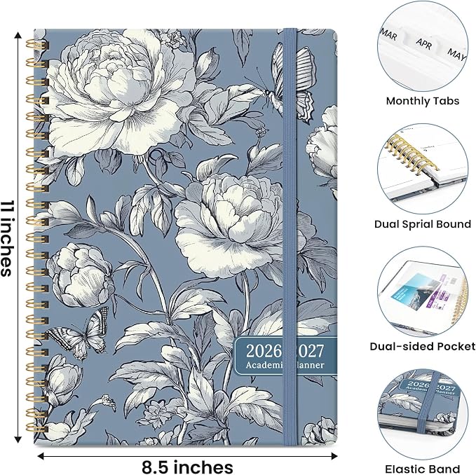 Planner 2026-2027, Hardcover Monthly and Weekly Academic Planner July 2026 - June 2027, Teacher and Student Calendar Agenda Book with Tabs, A4 (8.5" x 11"), Ideal for School and Office, Butterfly Peony