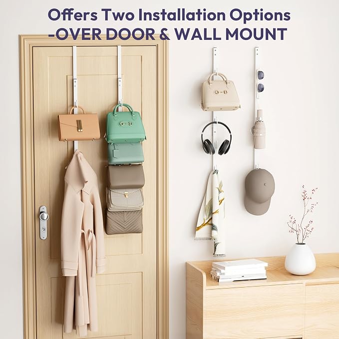 SWTYMIKI Over the Door Purse Organizer - 2 Packs Wall Mounted Purse Rack with 5 Hooks Design, Hanging Handbag Organizer Storage Holds up to 10 Bags, Bag Rack for Closet, Door (White)
