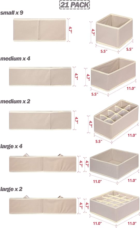 TENABORT 21 Pack Foldable Drawer Organizer Dividers Cloth Storage Box Closet Dresser Organizer Cube Fabric Containers Basket Bins for Underwear Bras Socks Panties Lingeries Nursery Baby Clothes Beige