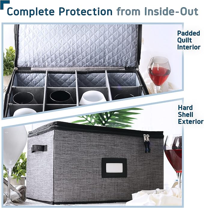 Wine Glass Storage Box with Dividers, Quilted and Stackable Stemware Storage Cases, Service of 12 Glassware Storage Containers, China Storage Containers Hard Shell for Moving and Seasonal Storage