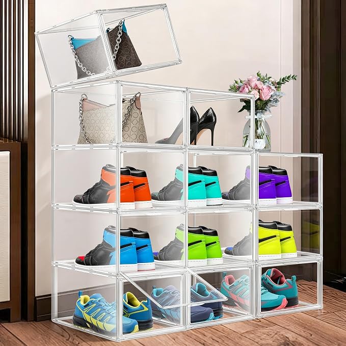 1 Pack Clear Shoe Storage Boxes Stackable, Large Sneaker Organizer with Acrylic Magnetic Door, Plastic Drop Front Shoe Containers for Men up to Size 12.5, Transparent Shoe Organizer for Closet
