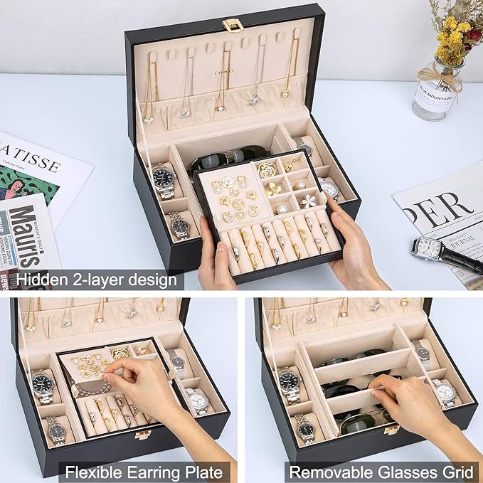 LANDICI Jewelry Box Organizer for Men Women, 2 Layer 4 Slot Watch Storage Case with Removable Tray, PU Leather Large Jewellery Holder Display for Watches Sunglasses Rings Earrings Necklace, Black