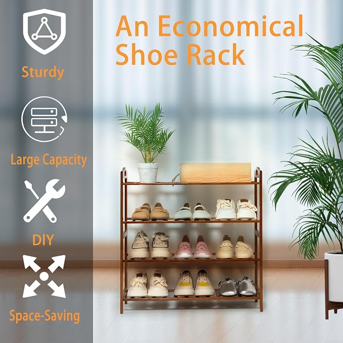 4 Tier Bamboo Shoe Rack, Free Standing Shoes Rack Shoe Shelf Shoe Organizer for Closet, Entryway, Bedroom, Living Room, Front Door, Studio, Bathroom