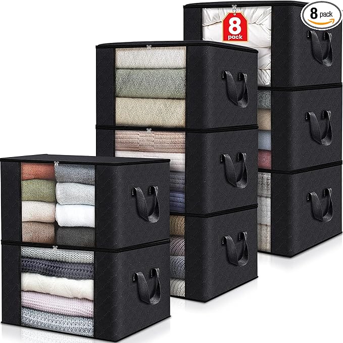 Fab totes Storage Bags,Clothes Blanket Storage Bins Foldable Closet Organizers with Reinforced Handle for Home Dorm Storage and Organization,Fabric Bags for Organizing Sheets,Clothing (Black,8 Pack)