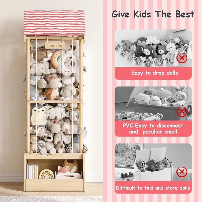 Stuffed Animal Storage, Wooden Stuffed Animal Zoo with Toy Box and Triangular Ceilings, Vertical Stuffed Animal Holder with Thicker Elastic Band, Plushies Storage for Playroom, Nursery, Bedroom