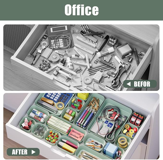 Drawer Organizers Bins 18 PCS for Bathroom Makeup Desk Office | with Non-slip Pads, 4 Sizes, Plastic Tray, Vanity Organizer, Kitchen Utensils Organizer