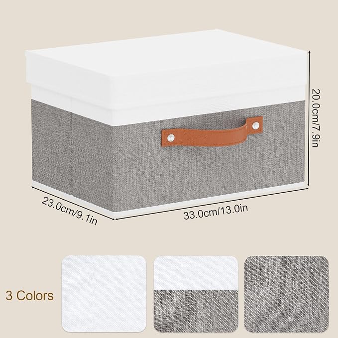 Storage Bins with Lids,White/Grey Baskets,3Pack,13x9.1x7.9In | Storage Baskets with Handles,Clothing Boxes, Collapsible Organizer,Closet Container Cubes for Shelves