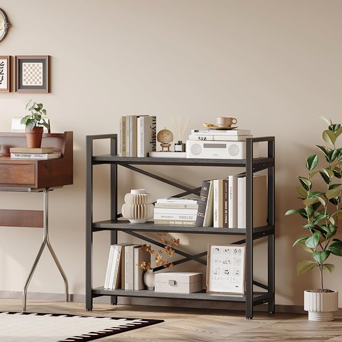 Homeiju 3 Tier Bookshelf 31.49" Width, Wood and Metal Etagere Bookcase, Vintage Farmhouse Modern Wooden Big Book Shelf for Home Living Room Bedroom Office Storage(Grey)