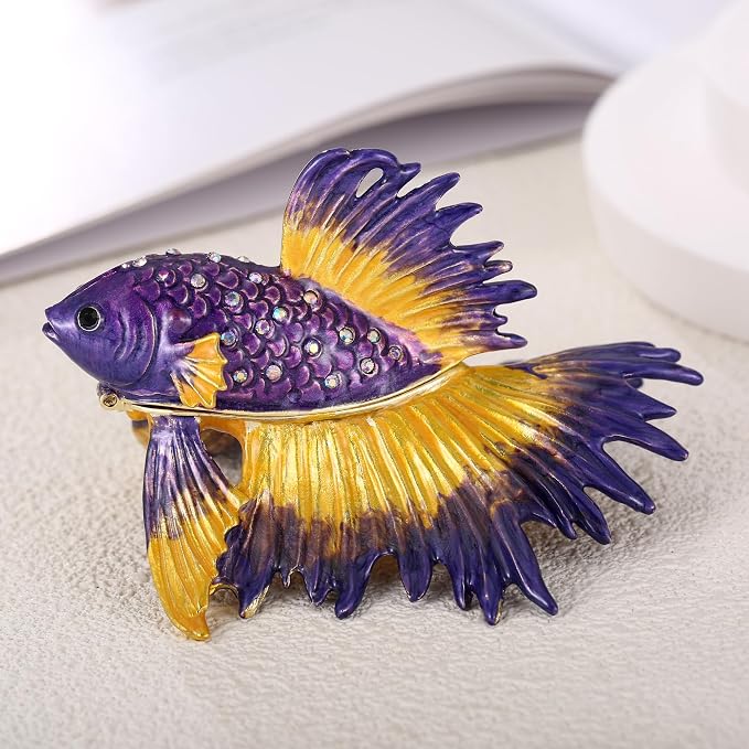 Hand Painted Animal Trinket Box for Home Decor, Hinged Jewelry Organizer Storage, Unique Personalized Collectible Keepsake Figurine Handmade Decorative Ornament Gifts (Crowntail Beta Fish)