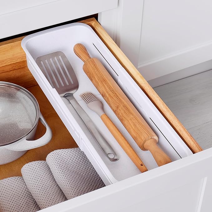 YouCopia DrawerFit® Sliding Drawer Bin, Expandable and Adjustable Kitchen Storage Organizer, Speckled White