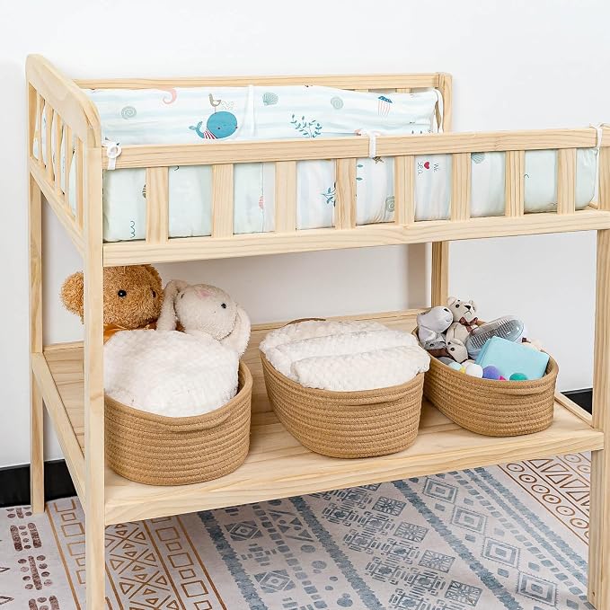 CubesLand Small Storage Basket Cotton Rope Organizer Baskets for Shelves | Set of 5 Decorative Closet Storage Bins with Handle for Countertop, Toilet Paper Basket for Toilet Tank Top, Brown Basket