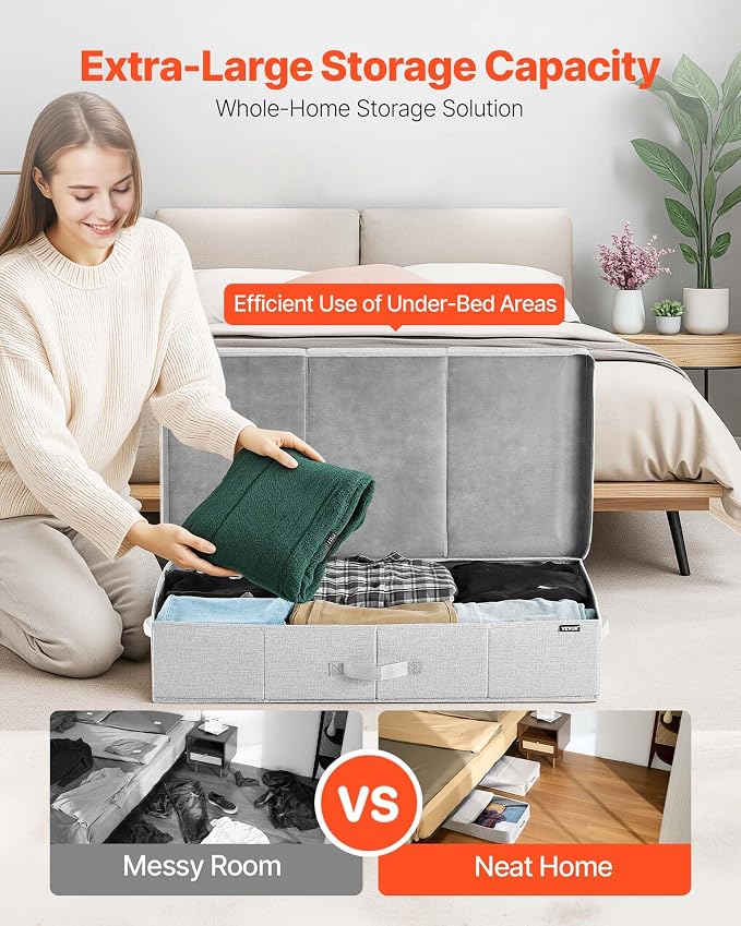 VEVOR Under Bed Storage with Lids, 31.7 x 15.9 x 6.1 Inch, 48L Large Underbed Clothes Storage Containers, Low Profile Gray Under Bed Drawer Shoe Organizer Bins Box for Blanket Shoe Bedroom, 2 Pack