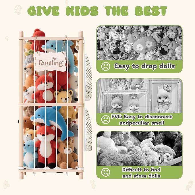 Stuffed Animal Storage & Organizer, 54 inch Tall Wooden Cute Zoo Toy Holder w/Building Block Storage Bag, Premium Wooden Material with Elastic Cord for Toddler Rooms, Playrooms (Small)