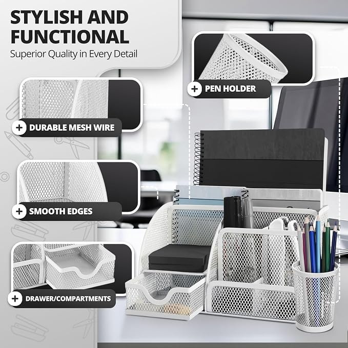 Flexzion Desk Caddy Organizer Set (White) - Metal Mesh Desktop Caddy with Drawers, 6 Compartments, and Pencil Holder for Women & Men - Desktop Organizer and Storage for Work or Office Supplies | Compact desktop caddy with separate pen holder; 8.7 x 5.5...