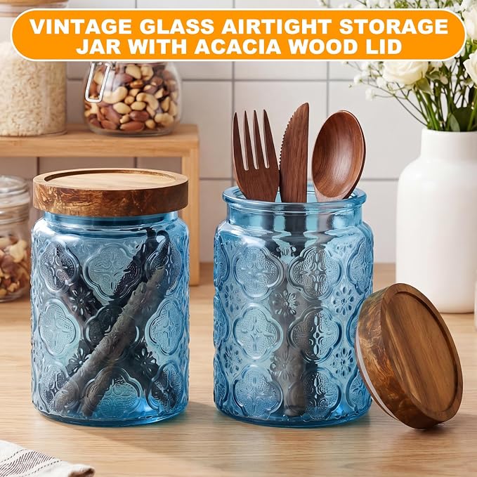 LemonRoad 2 Pcs Vintage Blue Glass Storage Jars 23.7 oz Mason Jar Canister with Wood Lids Food Storage Container for Cookie, Pantry, Candy Kitchen, Coffee, Tea, Flour, Sugar, Decorative Home Decor