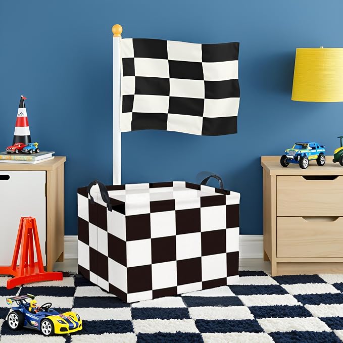 Rectangular Checkered Basket Storage Bin Collapse Storage Basket with Handles for Organizing Home Kitchen Boys and Girls Toys Office Closet Shelf Baskets (Race Flag)