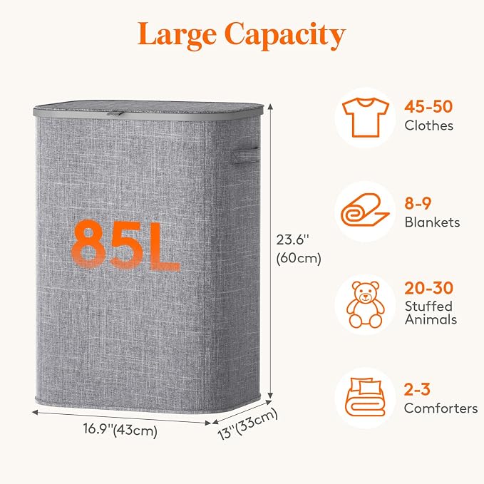 Lifewit 85L Large Laundry Basket with Lid, Laundry Hamper with Plastic Handles and Removable Bag, Foldable Tall Dirty Clothes Hampers for Laundry for Laundry Room, Bedroom, Bathroom, Dorm, Light Gray