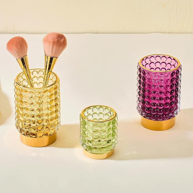 Makeup Brush Holder Organizer,Toothbrush Holders,Desk Pen Pencil Holder,Multifunctional Vintage Glass Brush Cup(A38-3-US/Gold/L)