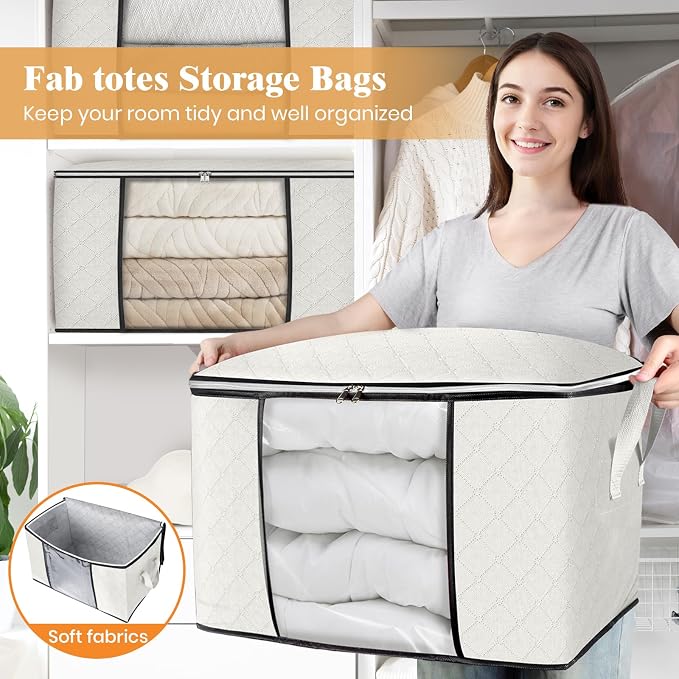 Fab totes 24 Gallons Clothes Storage, Foldable Thick Fabric Blanket Storage Bags, Containers for Organizing Bedroom, Closet, Clothing, Comforter, Organization with Handle (4 Pack,Ivory)