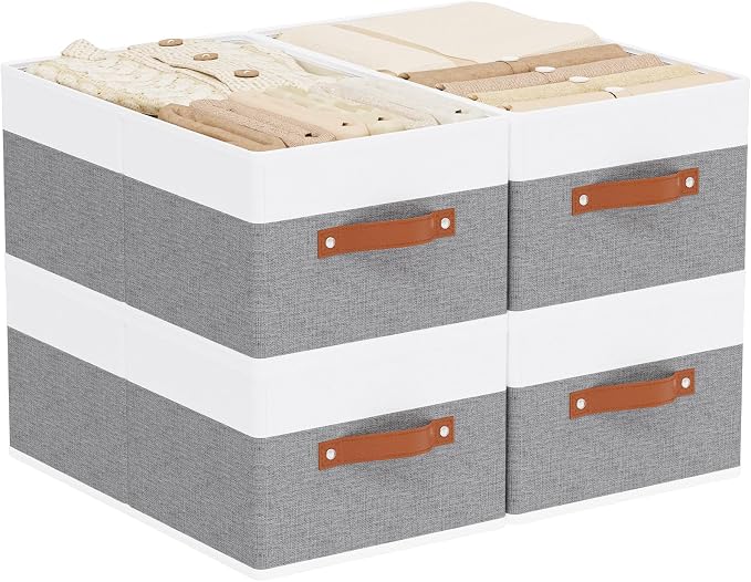 Storage Bins Organizers,18.5×11×7.9In,White/Grey Boxes,4Pack | Clothing Storage Baskets,Fabric Closet Organizer,Foldable Containers with PP Plastic Board,Large Cubes for Clothes,Hat
