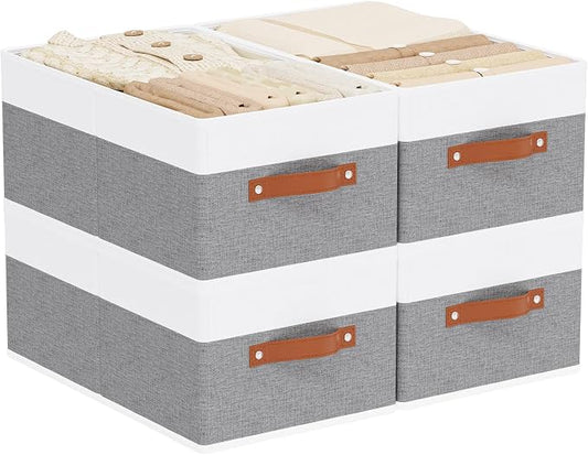 Storage Bins Organizers,18.5×11×7.9In,White/Grey Boxes,4Pack | Clothing Storage Baskets,Fabric Closet Organizer,Foldable Containers with PP Plastic Board,Large Cubes for Clothes,Hat