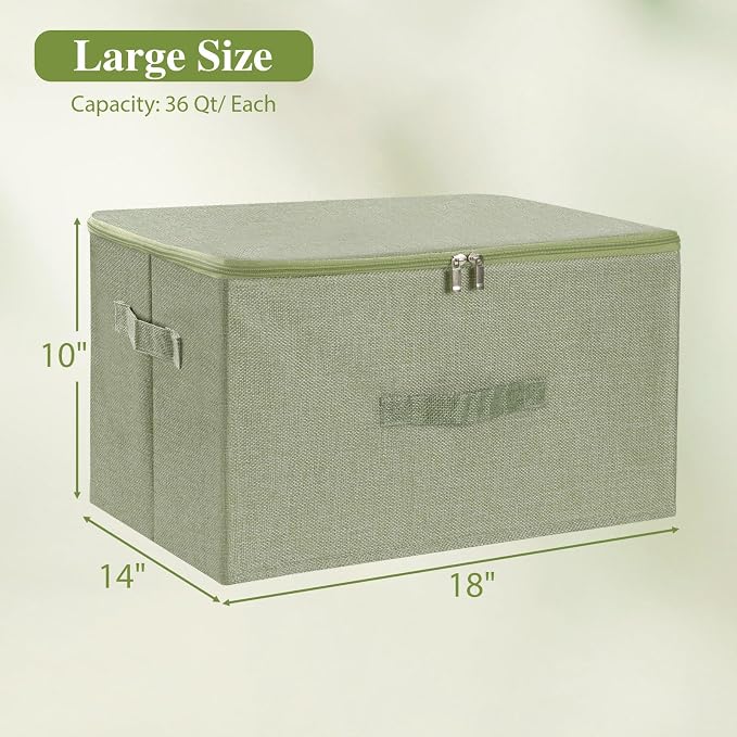 ANMINY 3PCS Storage Bins with Zipper Lids 36 Qt Lidded Fabric Storage Boxes Baskets Cubes with Handles Collapsible Washable Cotton Linen Closet Shelf Clothes Organizer Containers - Green, Large