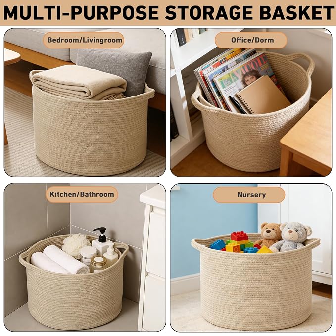 90L Extra Large Blanket Basket,Woven Rope Laundry Basket Hamper with Handles, Decorative Nursery Basket Storage Bin for Toys, Clothes Organizer, Living Room, Bedroom, Bathroom, Camel