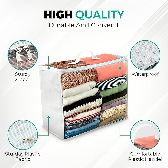 VitalUp 3 pack Clear Plastic Storage Bag with Zipper, Foldable Moving Bag for Comforters, Blankets, Bedding, Storage Containers, Breathable, Durable Clothes and Duvet Closet Organizers, 18x15x9