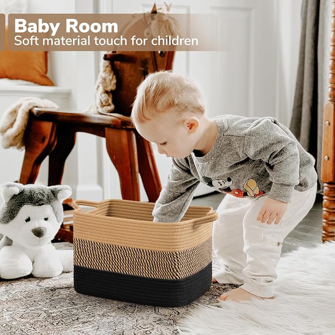 Goodpick Woven Storage Baskets for Organizing, Cotton Rope Organizer for Living Room Bedroom, 13"x10"x9" Rectangle Dog Toy Basket with Handles, Stylish Gift Baskets Empty, Black & Jute