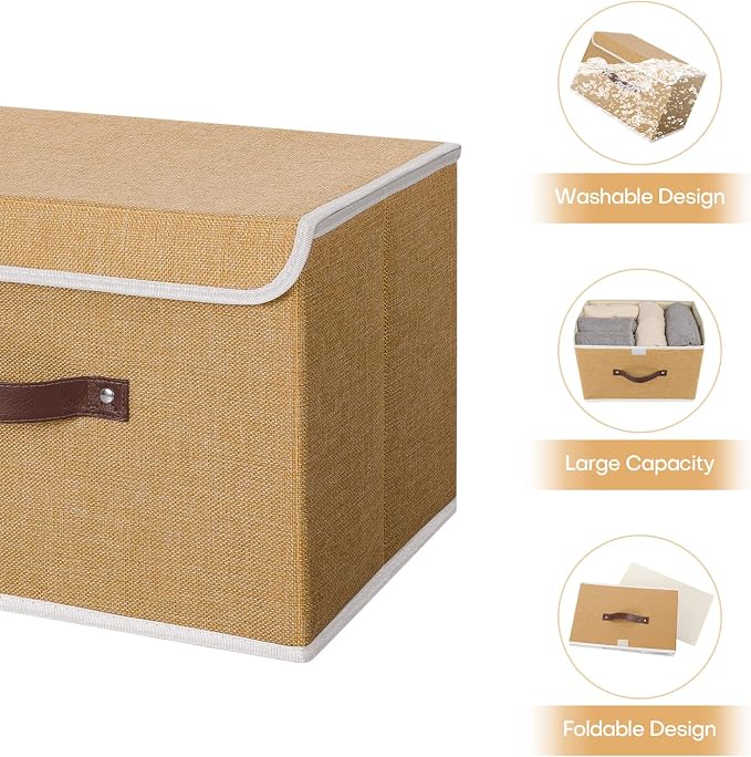 ANMINY 4PCS Storage Bins with Lid PU Leather Handles Storage Boxes PP Plastic Board Decorative Foldable Lidded Cotton Linen Fabric Home Cubes Baskets Closet Organizer Containers - Khaki, Large Size