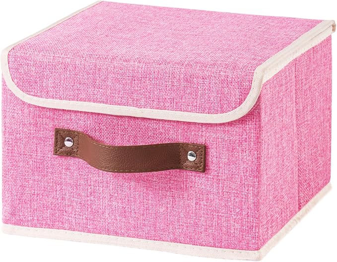 Collapsible Storage Boxes Baskets with Lid Cotton Linen Fabric Storage Bins with Faux Leather Handles Decorative Washable Cube Organizer Container for Home Closet Bedroom (Pink, Small Size)