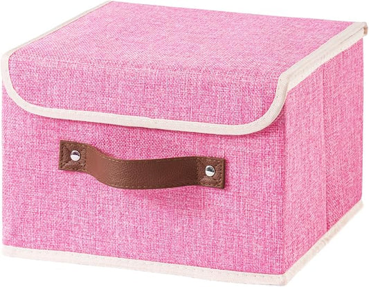 Collapsible Storage Boxes Baskets with Lid Cotton Linen Fabric Storage Bins with Faux Leather Handles Decorative Washable Cube Organizer Container for Home Closet Bedroom (Pink, Small Size)