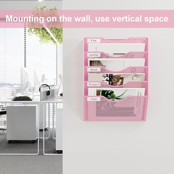 EasyPAG Wall File Organizer 5 Tier Hanging Paper Folder Holder, Zero Assembly Metal Mesh Wall Mounted Mail Organizer for Office Home Classroom Narrow Spaces, Pink